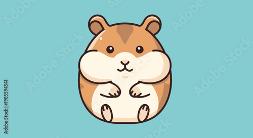 Cute cartoon hamster character illustration in brown and cream; a charming chubby rodent with a sweet face and tiny paws on a light blue background