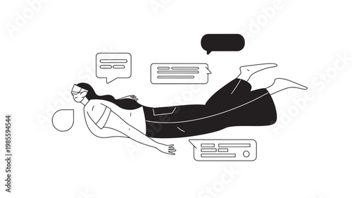 Nurse nursewoman in uniform lying down with speech bubbles, vector flat illustration for healthcare communication