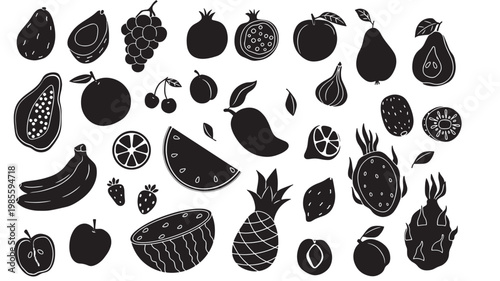 Fruit icons set with black silhouettes of various fresh produce, including grapes, oranges, pears, and berries
