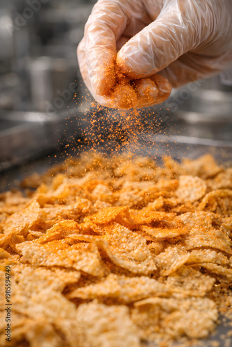 worker add powder to snacks 