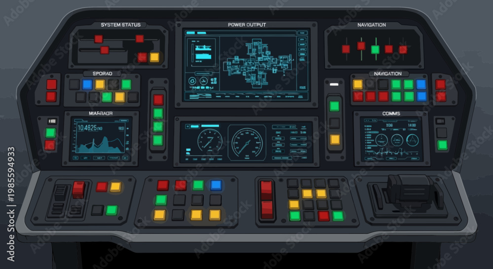 Naklejka premium Futuristic spaceship control panel interface with screens buttons and levers in a cockpit style illustration; pixel art style
