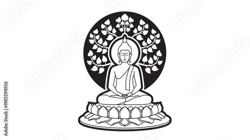 Buddha meditation icon with lotus posture and decorative circular flame halo, minimalist line art for spiritual designs