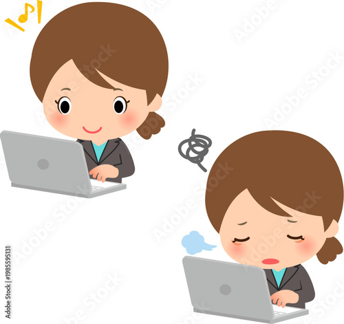 楽しそうに仕事するビジネスウーマンと嫌々仕事するビジネスウーマン