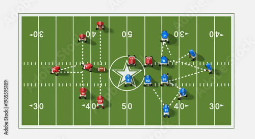 American football strategy diagram with offensive and defensive team formation on green field illustration for sports planning