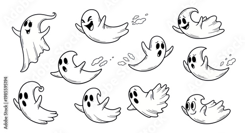 Cute Ghost Collection Set, Hand Drawn Halloween Characters, Spooky Fun