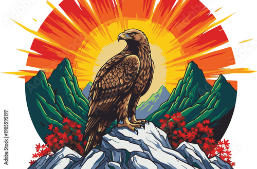 Majestic eagle perched on mountain peak, vintage raptor bird vector illustration, wild hawk in front of sunset sunburst, nature wilderness landscape