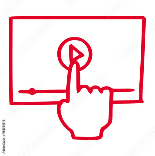 Video player doodle hand drawn style, hand click touch finger play button interface digital media movie film content icon, multimedia sketch ink artwork