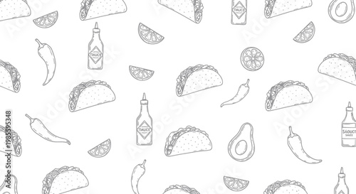 Hand-drawn Mexican Food Pattern: Tacos, Chili Peppers, Avocado, Lime, Hot Sauce