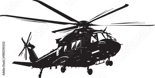 Black silhouette helicopter vector illustration, military transport chopper icon, heavy lift aircraft isolated on white, aviation and rescue flight symbol