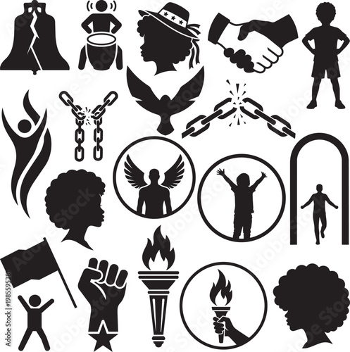 Freedom and Equality Icon Set – Human Rights, Justice, Unity Silhouettes