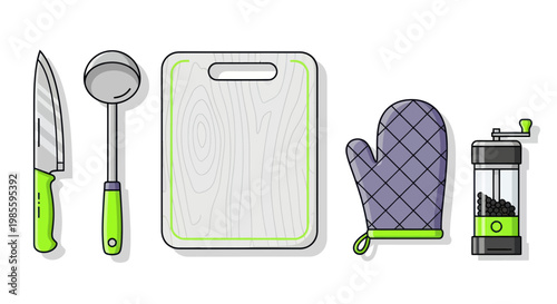 Kitchen Utensils Set: Knife, Ladle, Cutting Board, Oven Mitt, Pepper Grinder