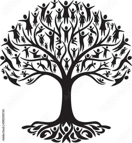 Family Tree Silhouette with People – Growth, Community, Roots and Connection Concept