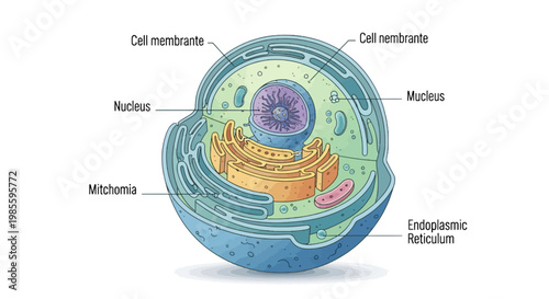 Cross-Section Illustration of an Animal Cell with Labeled Organelles Including Nucleus Endoplasmic Reticulum and Cell Membrane in Detailed Style