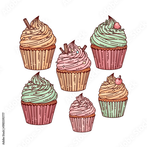 Six colorful hand-drawn cupcakes with various frostings and toppings on a white background.