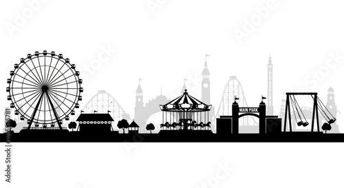 Amusement Park Silhouette Skyline with Ferris Wheel, Carousel, Roller Coaster, and Swings