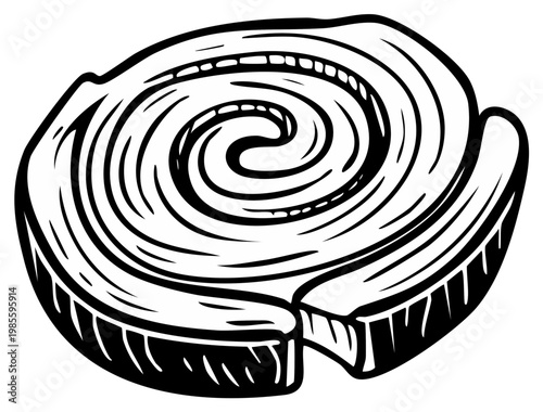 Hand-drawn illustration of a sweet cinnamon roll pastry swirl in black and white, showing texture and form