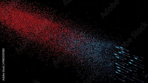 Abstract particle explosion with red and blue dust, dynamic motion of glowing sparks on black background, cinematic energy blast for science and technology