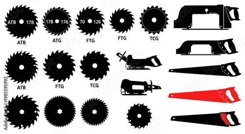 Collection of Saw Blades and Saws Silhouettes - Woodworking Tools