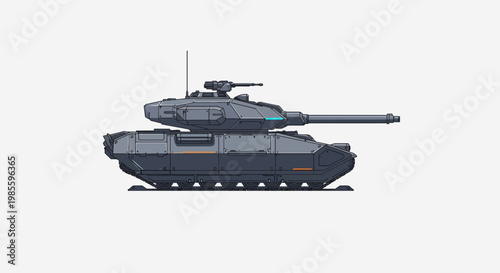 Futuristic pixel art tank with advanced weaponry on white background retro style combat vehicle pixelated war machine illustration