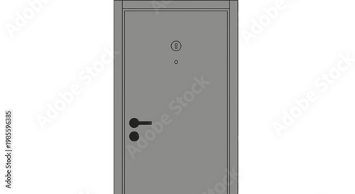 Gray interior door with a round peephole and a modern black handle in a gray frame; simple vector illustration for architectural plans