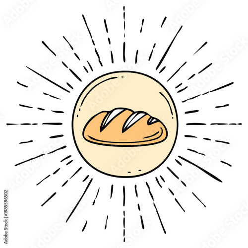Illustration of a bread loaf inside a circle with sunburst lines