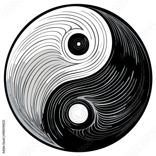 Yin Yang symbol, a classic representation of balance and harmony, showing duality with interlocking black and white, hand drawn style