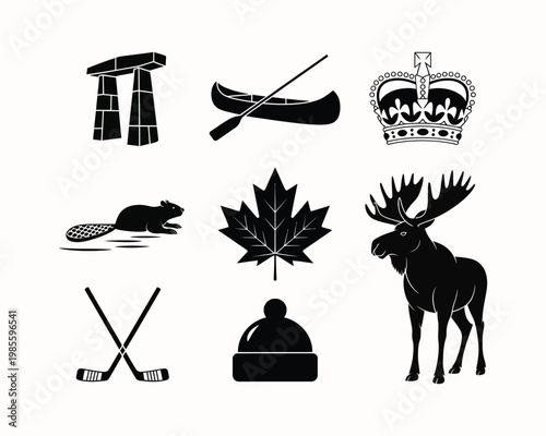 Collection of Canadian national symbols in silhouette style for design needs vector illustration.