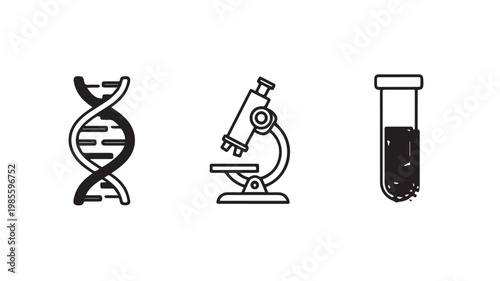 Science and Research Icon Set with DNA, Microscope, and Test Tube
