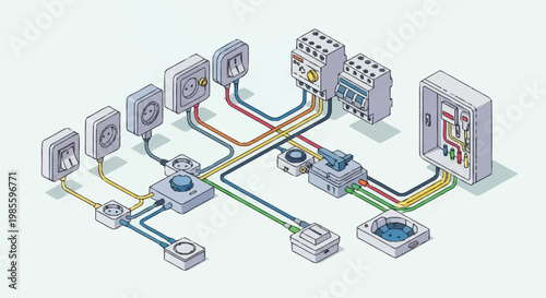 Industrial automation system with connected machinery and control panels.