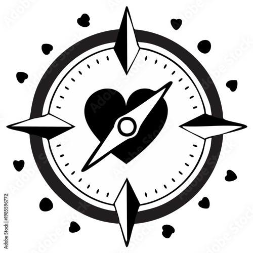 Love compass pointing to heart symbol with cardinal directions and small hearts