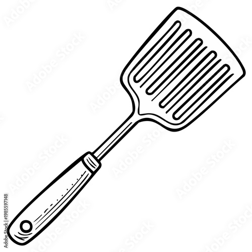 Spatula utensil illustration of a slotted kitchen implement on its side with a simple handle suitable for cooking or grilling