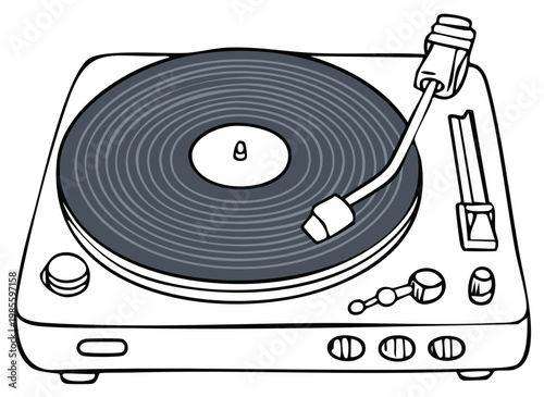 Vintage turntable plays music, a classic vinyl record spins on the platter with tone arm poised for playback