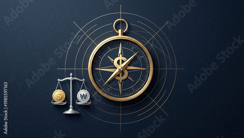 Financial Direction Concept with Compass and Investment Symbols on Dark Background