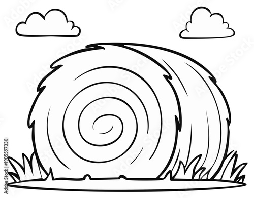 Cartoon drawing of hay bale in a field under puffy clouds