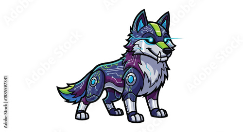 Digitally enhanced wolf illustration with circuitry and geometric details