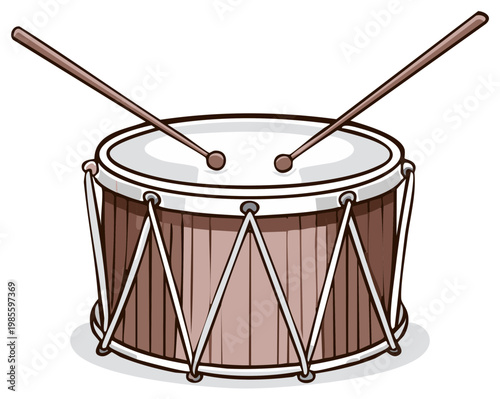 Cartoon drum with drumsticks isolated. Musical percussion instrument.