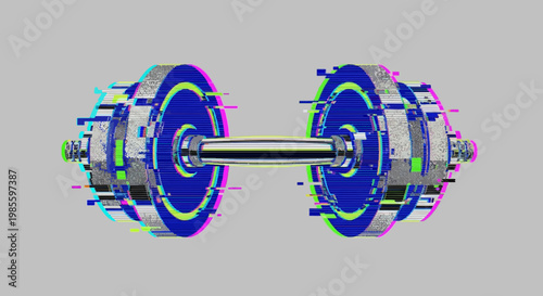 Glitchy dumbbell with digital noise effect and futuristic cyber design on a grey backdrop for modern fitness and technology concept