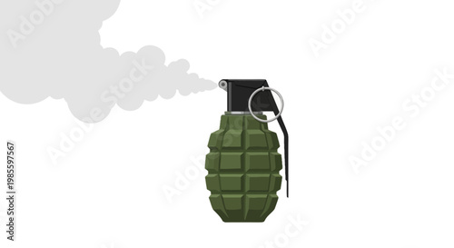 Green hand grenade with smoke effect vector illustration; military warfare weapon; explosive device with fuse and pin; dangerous object