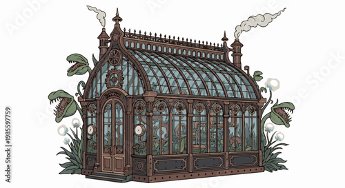 Victorian greenhouse with dangerous carnivorous plants and mechanical elements