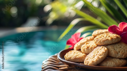 Cookies on a tropical themed platter beside a bamboo poolside