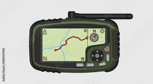 Handheld GPS navigator displaying topographic map with route marked in red on screen with antenna extended vector illustration