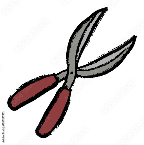 garden shears pruning tool, hand drawn crayon wax doodle, trimming and gardening equipment, backyard maintenance concept, rough texture drawing, childish art element