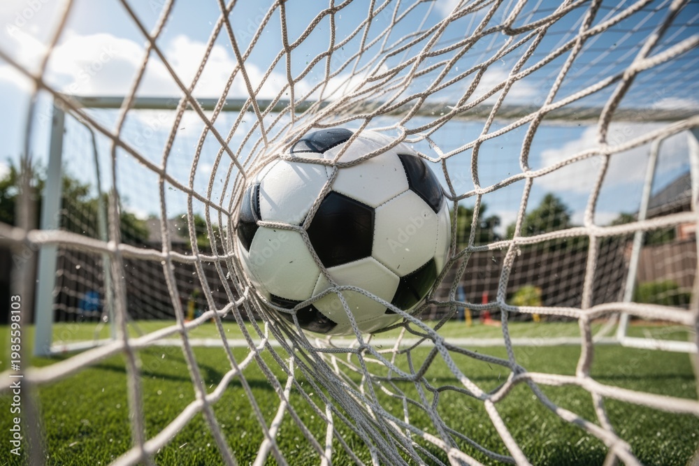 Naklejka premium Soccer ball striking the goal net captured from behind with dynamic motion