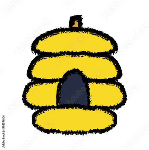 Beehive crayon wax doodle style, rough textured hand drawn, bee hive house, honey nest, insect home, garden apiary, swarm colony, wildlife shelter, honey nest