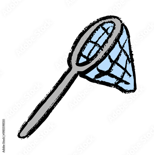 fishing net tool, hand drawn crayon wax doodle, butterfly catcher equipment, summer outdoor activity icon, rough texture drawing, childish art style element