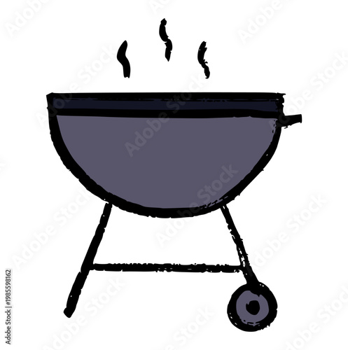 charcoal barbecue grill, hand drawn crayon wax doodle, outdoor bbq party equipment, summer garden cookout concept, rough texture drawing, childish art element