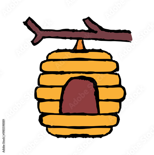 beehive on tree branch, hand drawn crayon wax doodle, honey bee home illustration, nature and organic concept, rough texture drawing, childish art style element