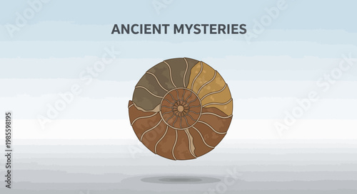 Illustrated fossilized ammonite nautilus shell in earth tones of brown and gold ancient mystery against a textured neutral background