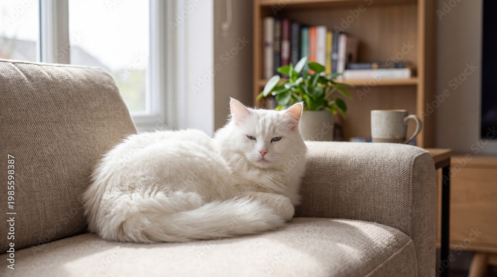 Naklejka premium A beautiful fluffy white cat with light eyes relaxing comfortably on a modern beige fabric sofa in a sunlit living room.
