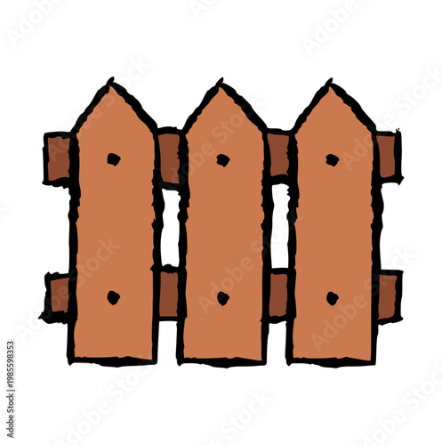 Wooden fence garden border, hand drawn crayon wax style, backyard picket fence doodle element, security and boundary concept, rough texture wood icon